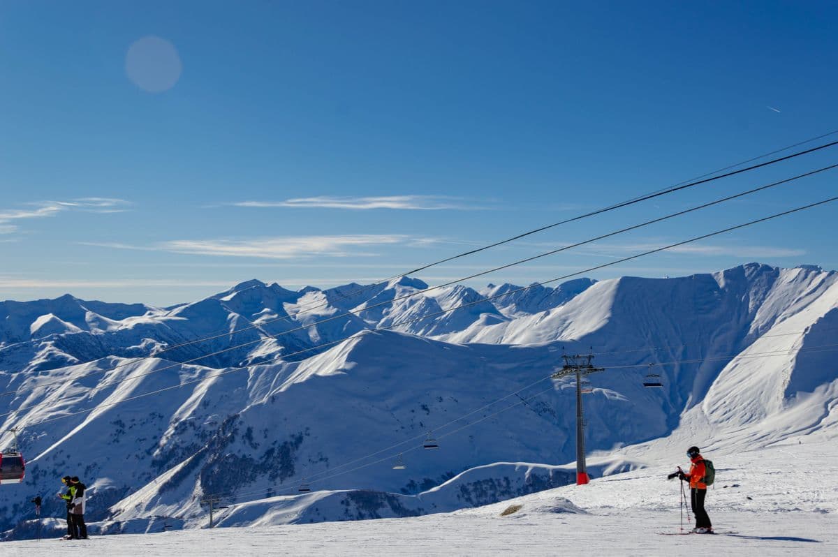 Skiers standing on a groomed piste at Gudauri, lift cables overhead and a long wall of snow-covered peaks behind