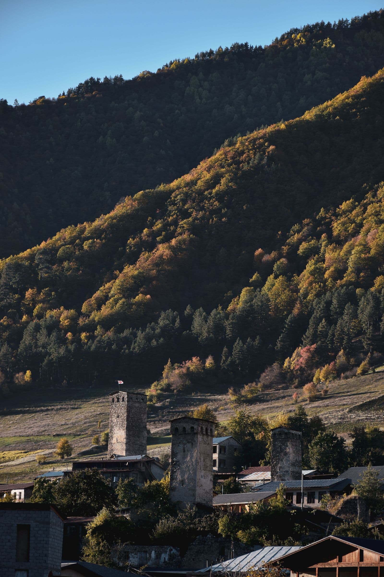 Ushguli's towers below Mount Shkhara